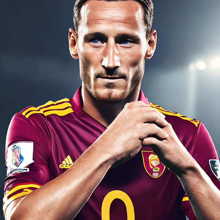 Maroon Jersey Football Player Holding Collar with Stadium Lights