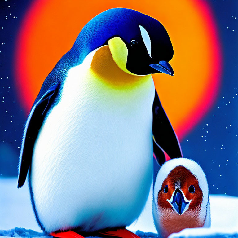 Emperor penguin with chick on icy terrain under orange orb