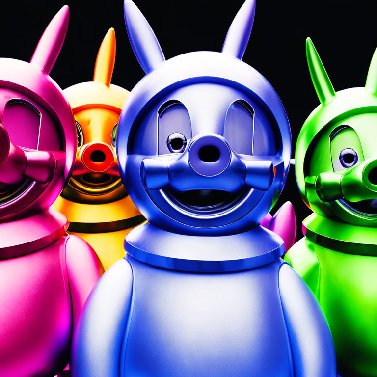 Vibrant plastic pig figures in pink, blue, and green on black background