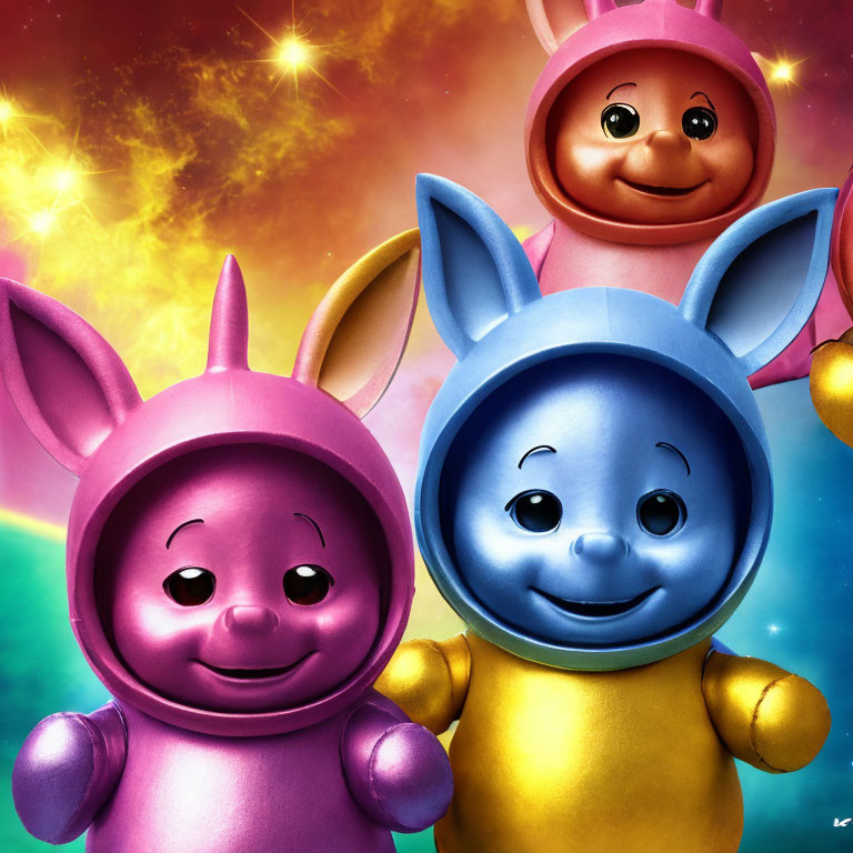 Colorful Cartoon Characters: Pink Pig, Blue Rabbit, Yellow Bear on Starry Background