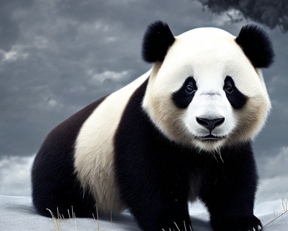 Giant panda in snow with dramatic grey clouds