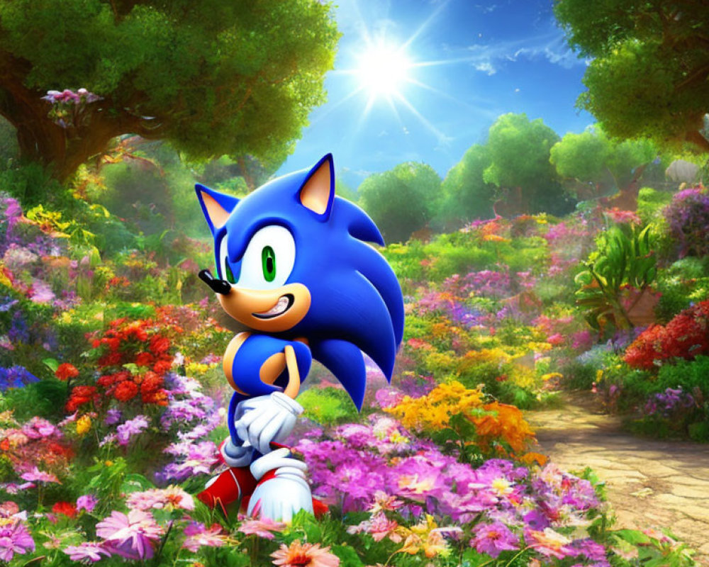 Sonic the Hedgehog in colorful flower garden with sunny sky