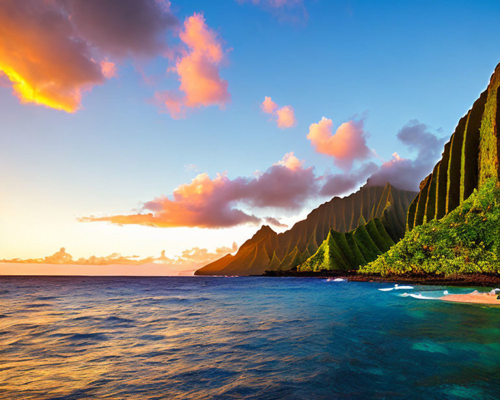 Colorful ocean sunset with pink clouds and lush cliff scenery