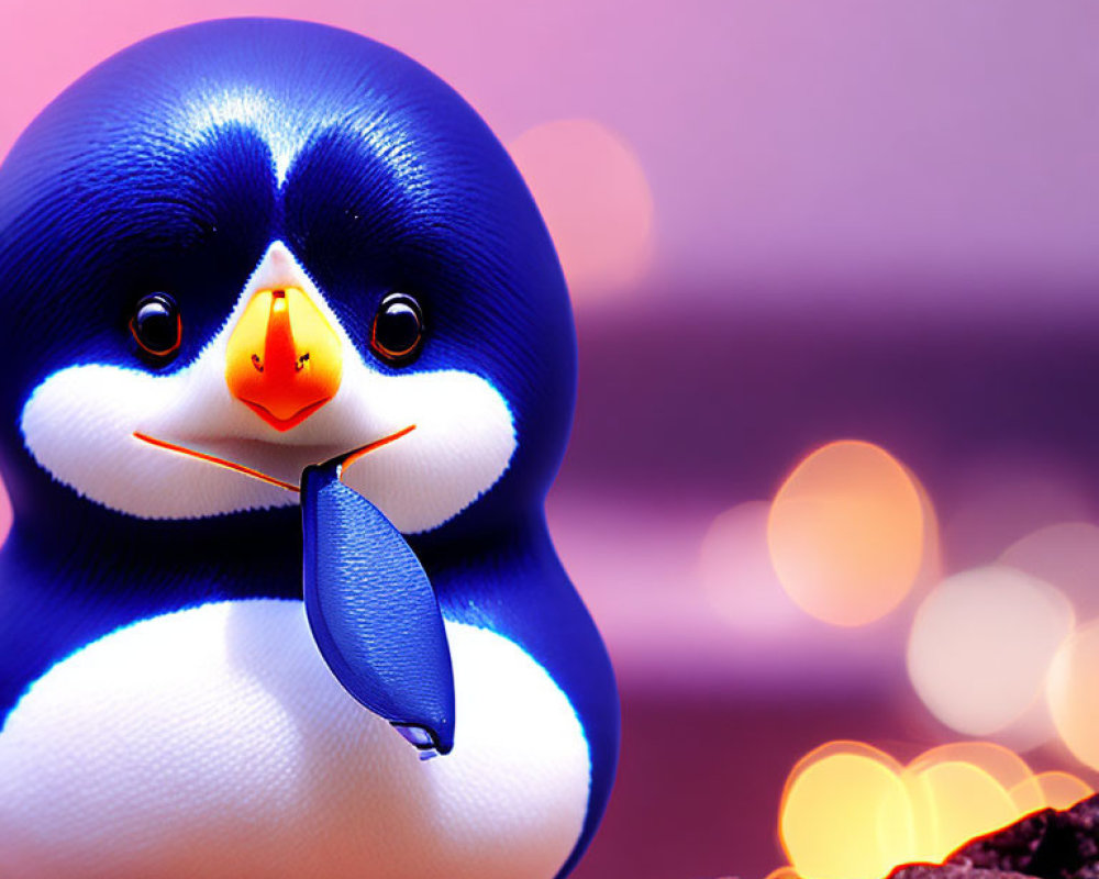 Blue and White Toy Penguin on Purple Background with Orange Accents