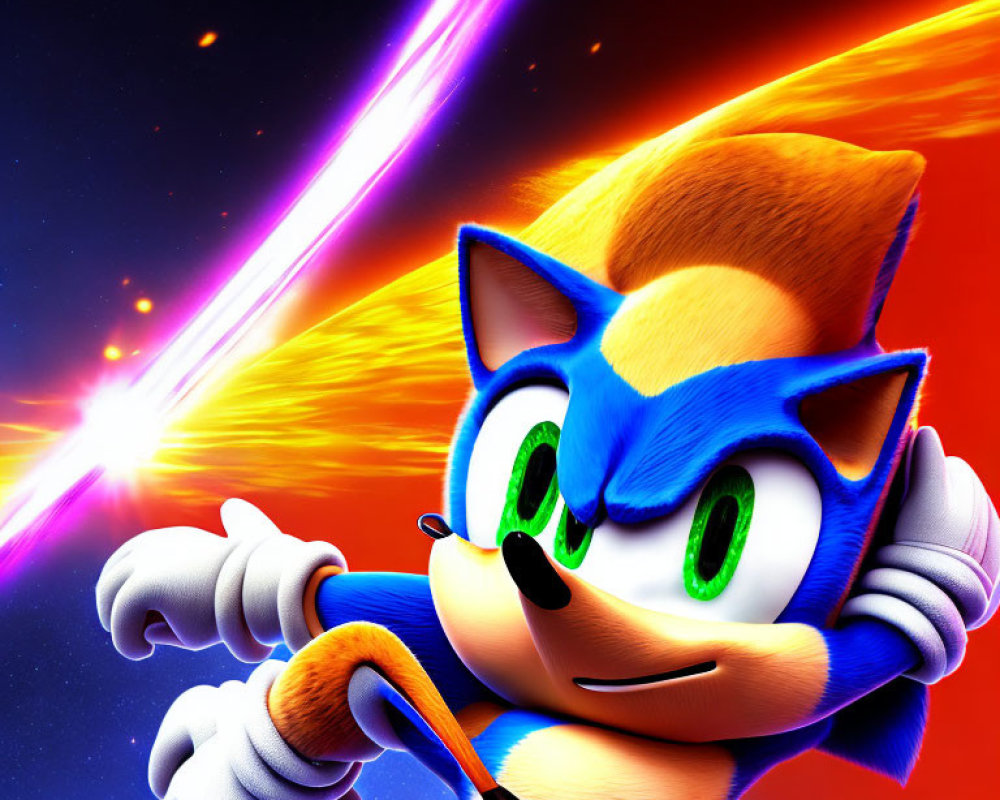 Animated Sonic the Hedgehog with confident expression in cosmic backdrop