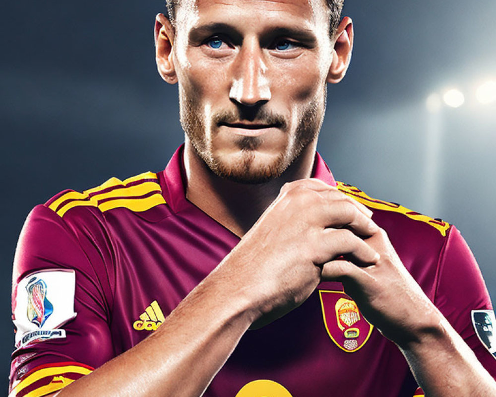 Maroon Jersey Football Player Holding Collar with Stadium Lights