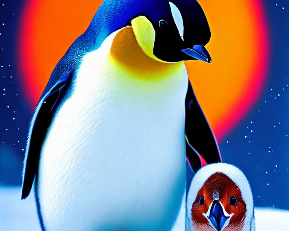 Emperor penguin with chick on icy terrain under orange orb