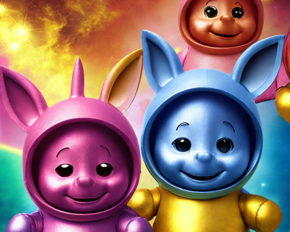 Colorful Cartoon Characters: Pink Pig, Blue Rabbit, Yellow Bear on Starry Background