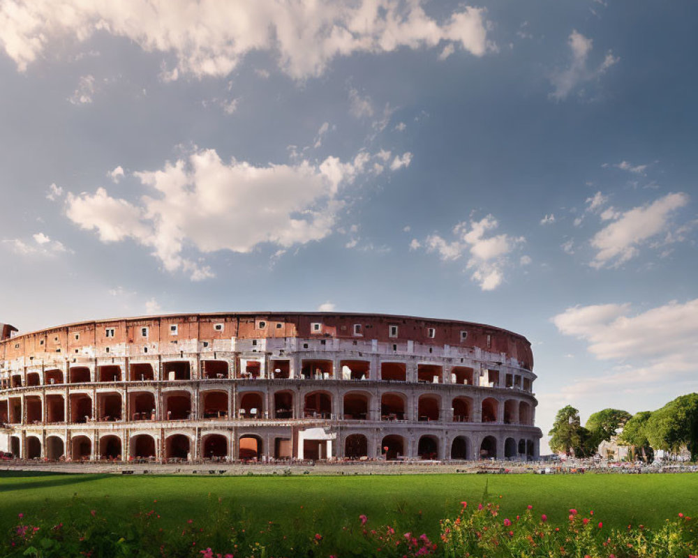 Ancient Colosseum in Rome, Italy under partly cloudy sky