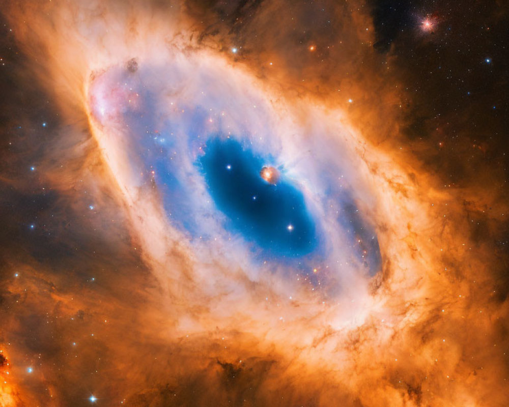 Blue and White Nebula Surrounded by Orange Dust and Stars