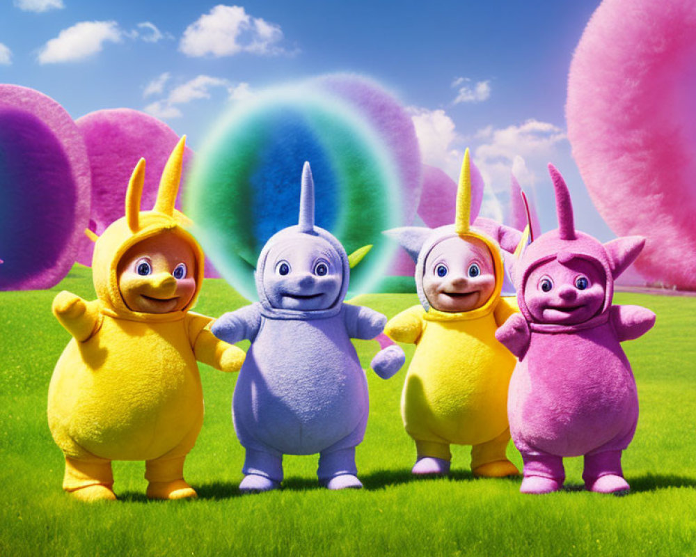 Colorful Teletubbies characters in sunny landscape with balloons and trees