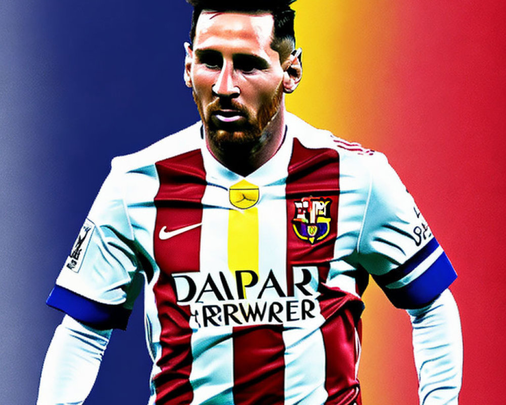 Male Soccer Player in Barcelona FC Striped Kit on Split Blue and Red Background