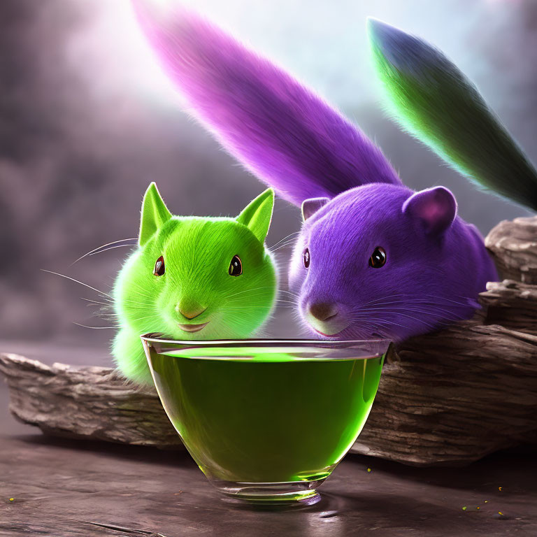 Colorful Cartoon-Like Chimeric Creatures with Cat Features Peering at Green Liquid