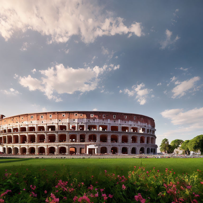 Ancient Colosseum in Rome, Italy under partly cloudy sky