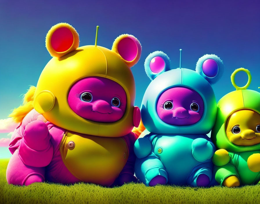 Colorful Bear-Like Creatures with Antennae on Grass Landscape