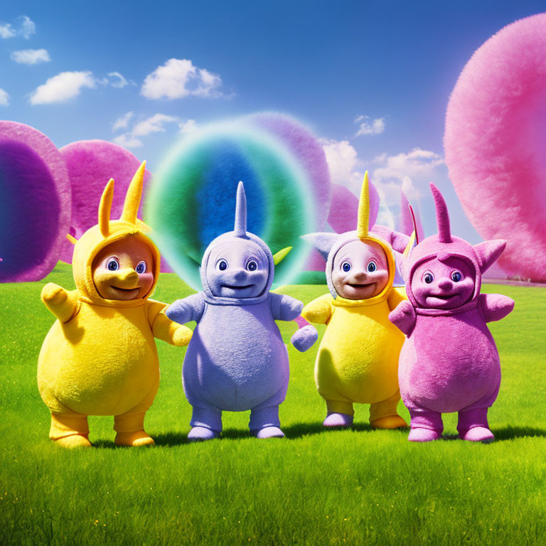 Colorful Teletubbies characters in sunny landscape with balloons and trees