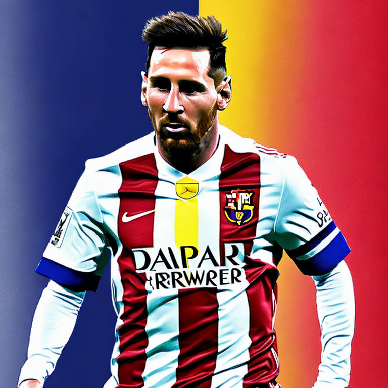 Male Soccer Player in Barcelona FC Striped Kit on Split Blue and Red Background