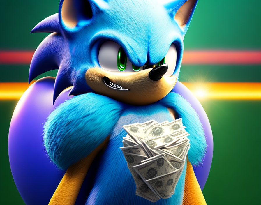 3D-rendered Sonic the Hedgehog with mischievous expression holding dollar bills