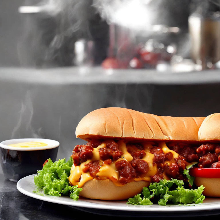 Delicious chili cheese dog with lettuce and sauces on a plate