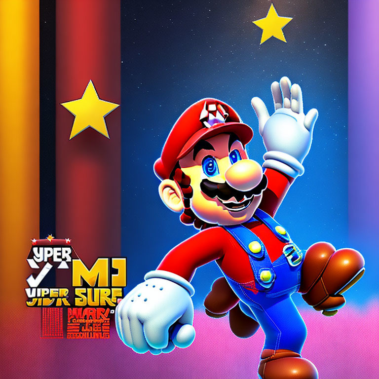 Video game character in red hat and blue overalls against vibrant starry background