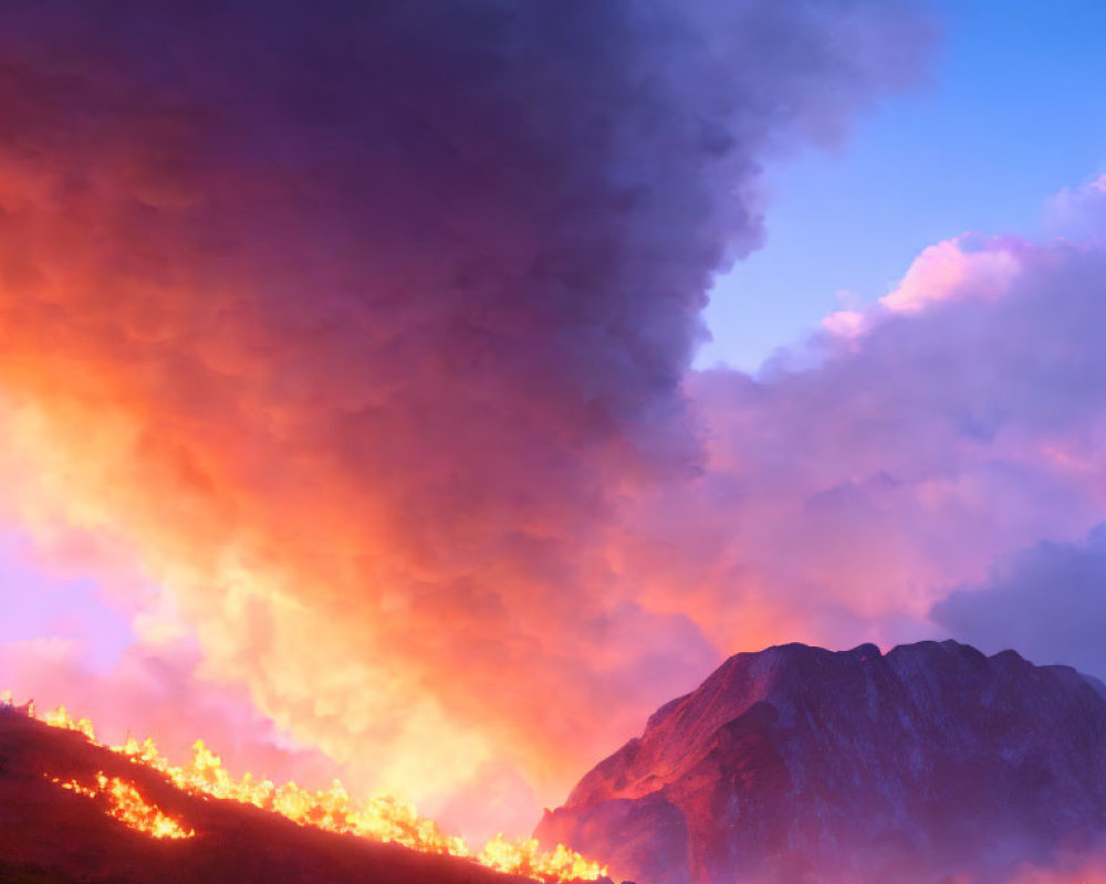 Wildfire burning in mountain landscape at dusk with bright flames and billowing smoke against orange to blue sky