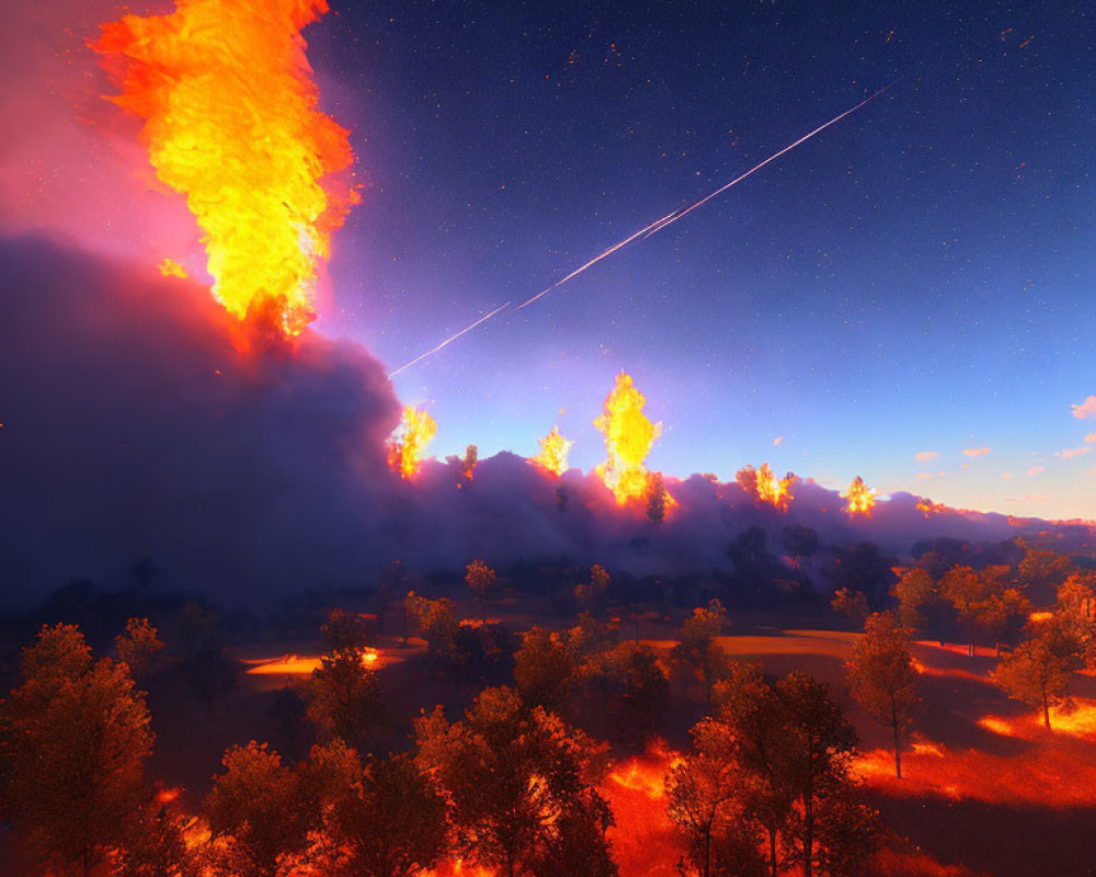 Fiery comet streaks across starry sky above burning forest.