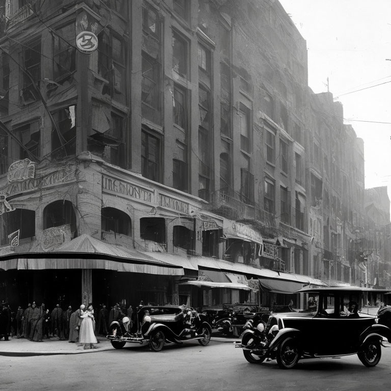 Vintage Street Scene with Classic Cars and Pedestrians