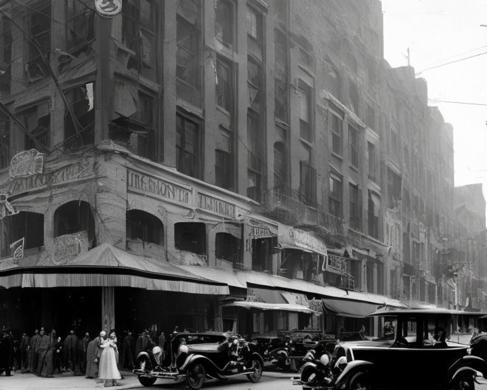 Vintage Street Scene with Classic Cars and Pedestrians