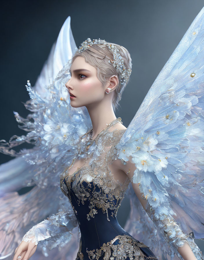 Digital artwork of female figure with blue wings and floral adornments in dark gown and crown