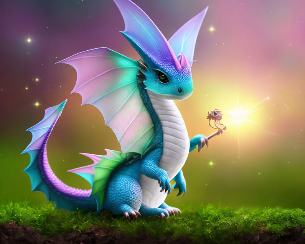 Colorful Large and Small Dragon Illustration on Magical Starry Background