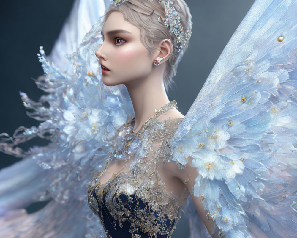 Digital artwork of female figure with blue wings and floral adornments in dark gown and crown