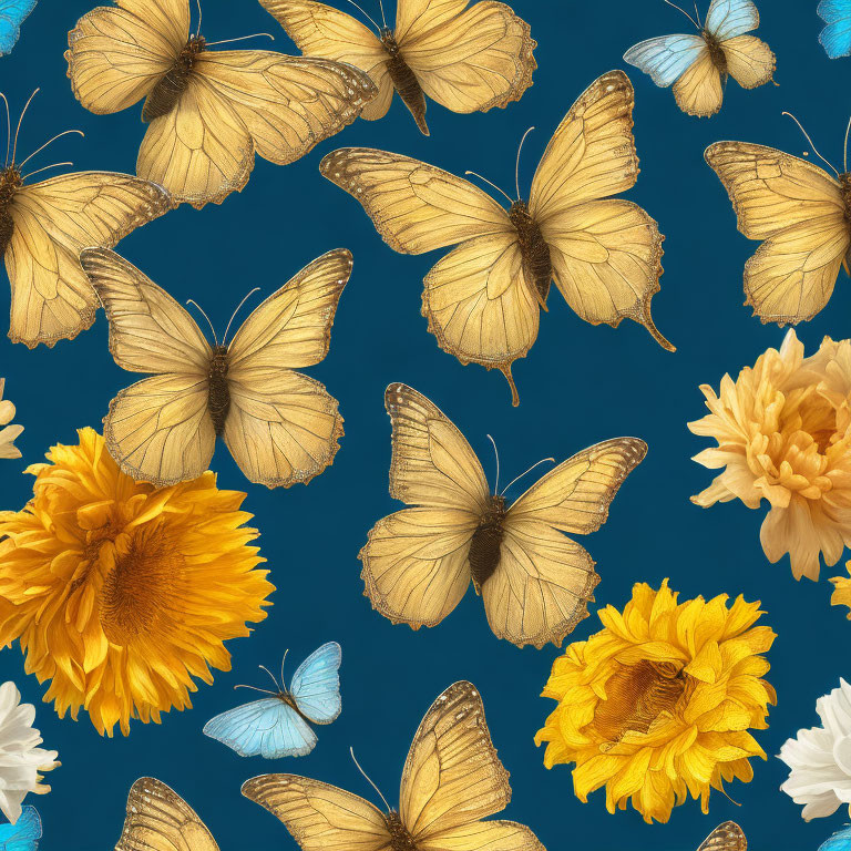 Yellow Butterflies and Sunflowers Pattern on Blue Background