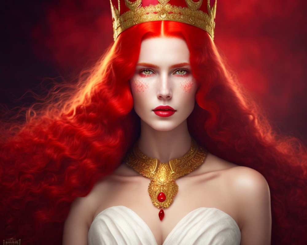 Portrait of woman with flowing red hair, golden crown, red makeup, and regal necklace.