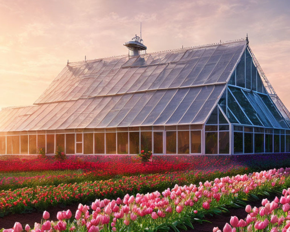 Glass Greenhouse Surrounded by Pink and White Tulips at Sunrise or Sunset