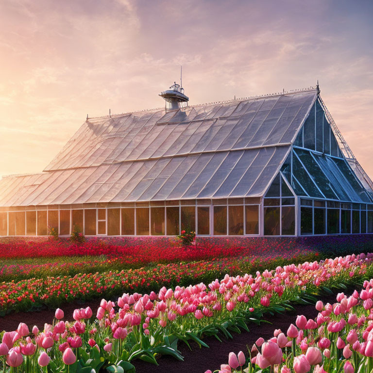 Glass Greenhouse Surrounded by Pink and White Tulips at Sunrise or Sunset