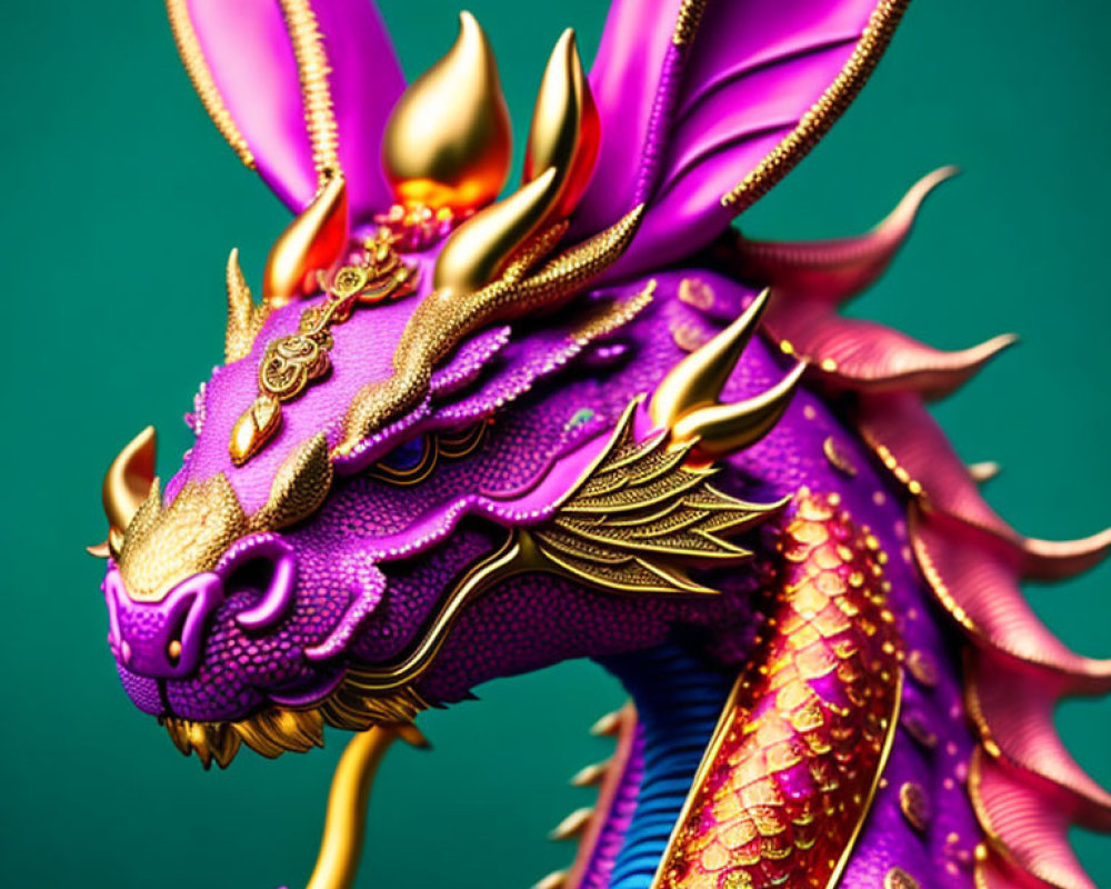 Vibrant Purple Dragon with Golden Accents on Teal Background