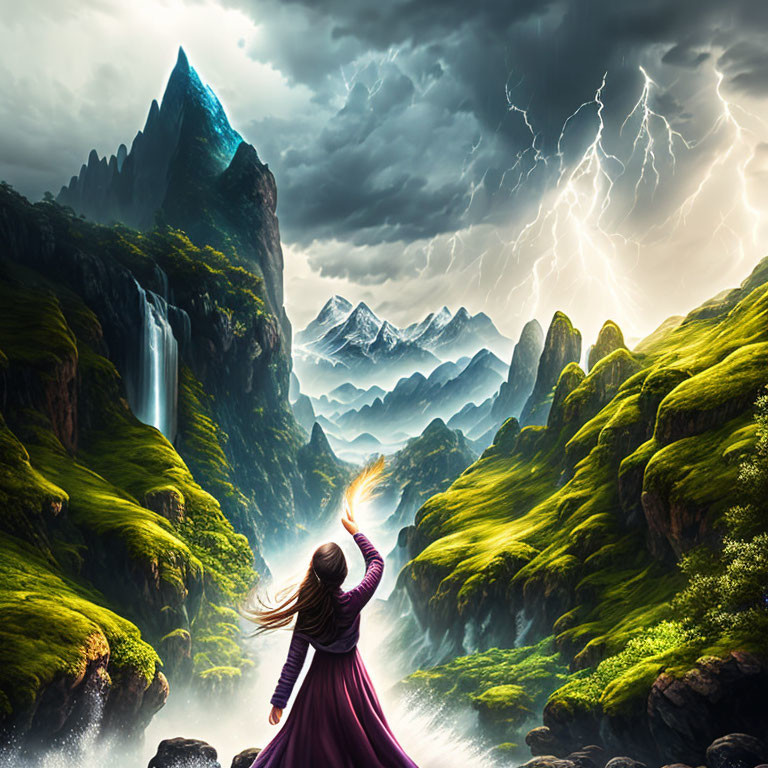 Person in purple cloak in mystical landscape with green hills, waterfalls, mountain, and lightning