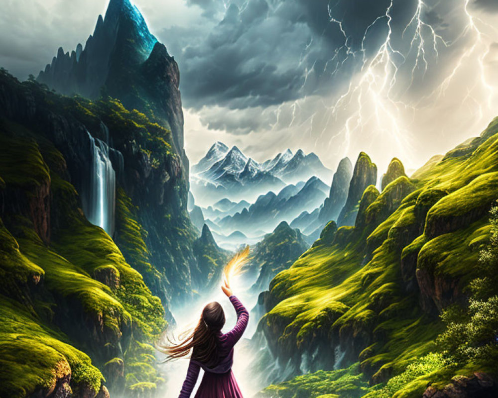 Person in purple cloak in mystical landscape with green hills, waterfalls, mountain, and lightning