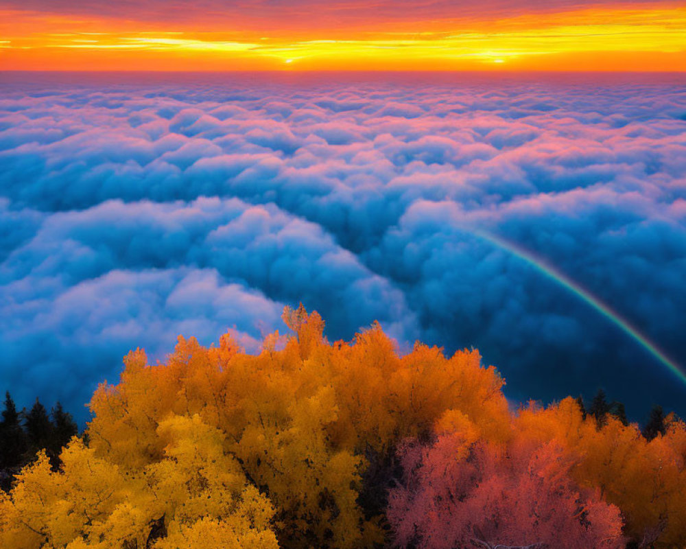 Colorful Sunset Over Clouds with Autumn Trees in Foreground