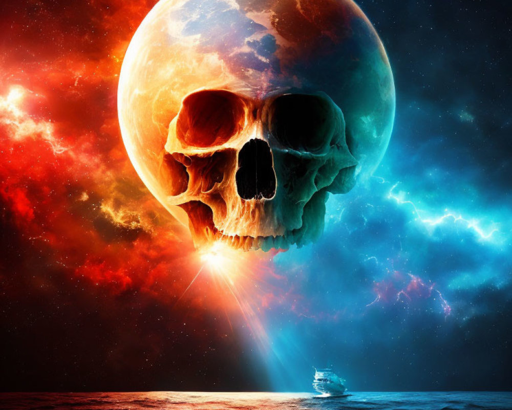 Digital art: Space and ocean merge with skull planet and ship in cosmic scene