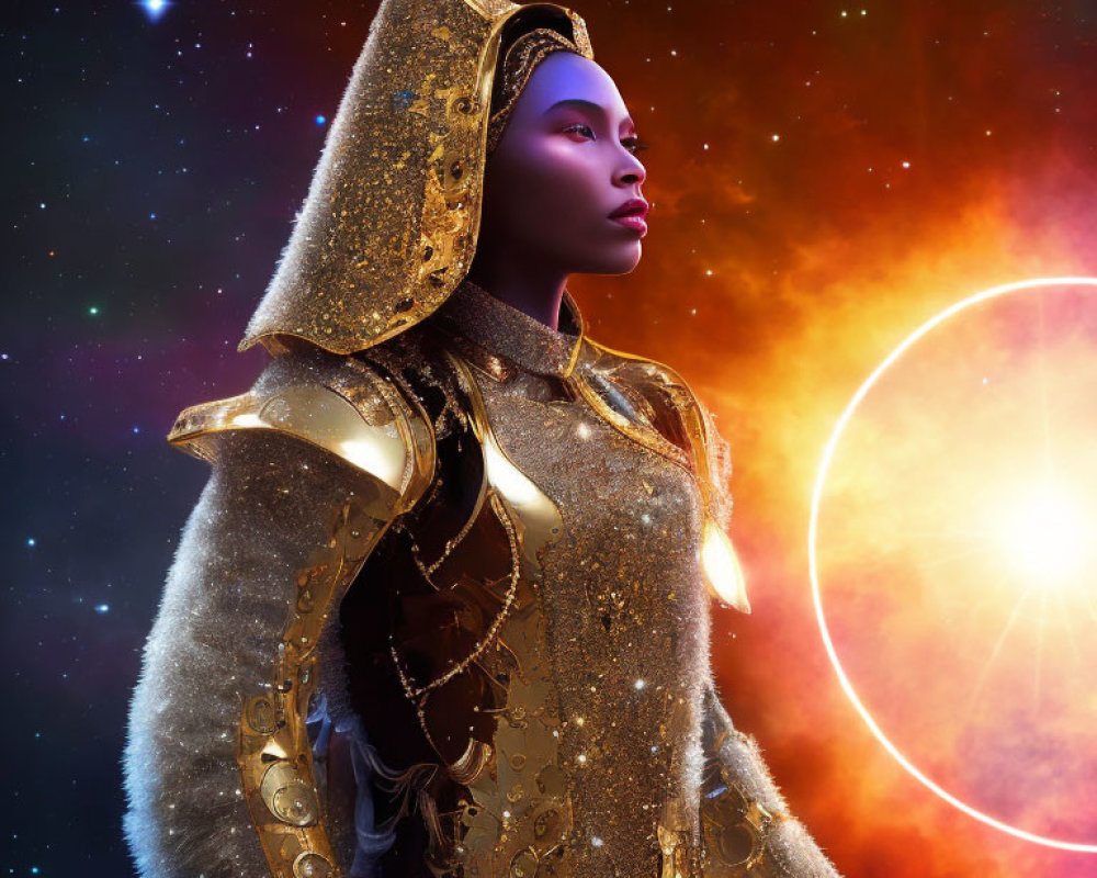 Golden armored figure in cosmic setting with stars and sun.