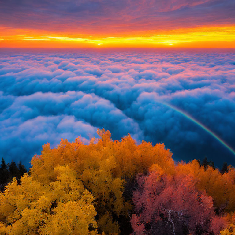 Colorful Sunset Over Clouds with Autumn Trees in Foreground