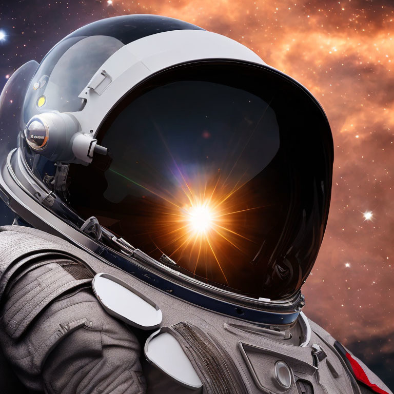 Astronaut's Helmet Reflecting Distant Sun in Star-Studded Cosmos