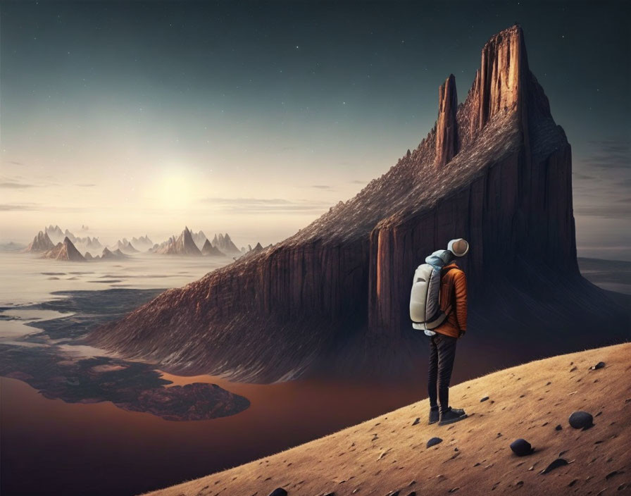 Traveler with backpack gazes at towering cliffs by calm river under starry sky at dusk