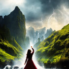 Person in purple cloak in mystical landscape with green hills, waterfalls, mountain, and lightning