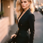 Blonde woman in black blazer with hat on sunlit street