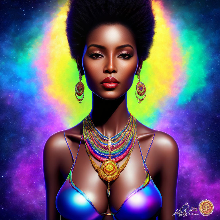 Vibrant digital portrait of woman with afro and colorful accessories against cosmic backdrop