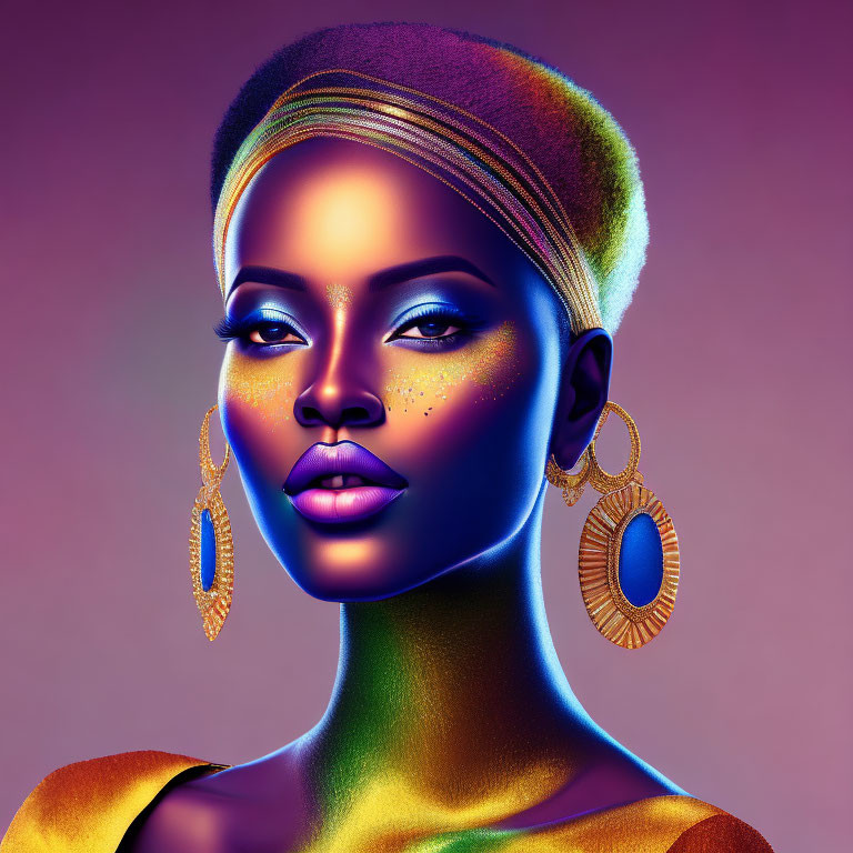 Digital portrait of woman with metallic skin tones, hoop earrings, and headwrap on purple background