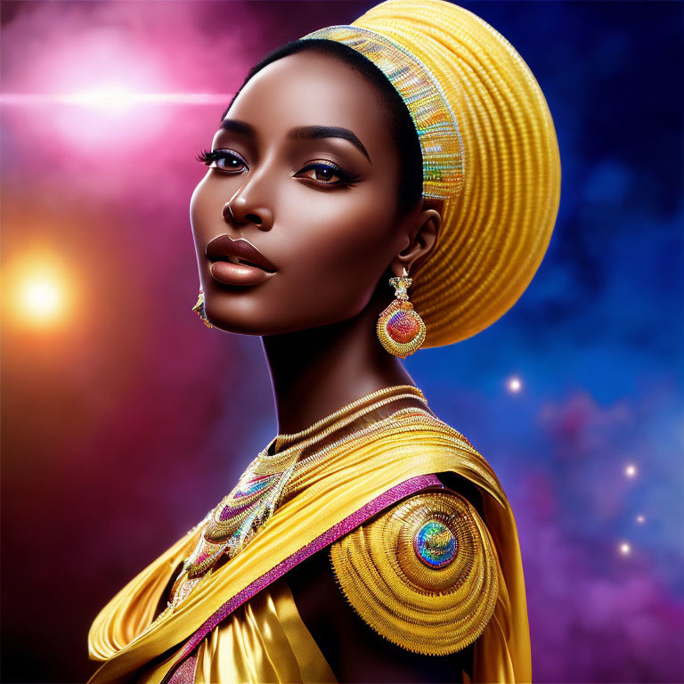 Vibrant portrait of woman in yellow head wrap and gold jewelry