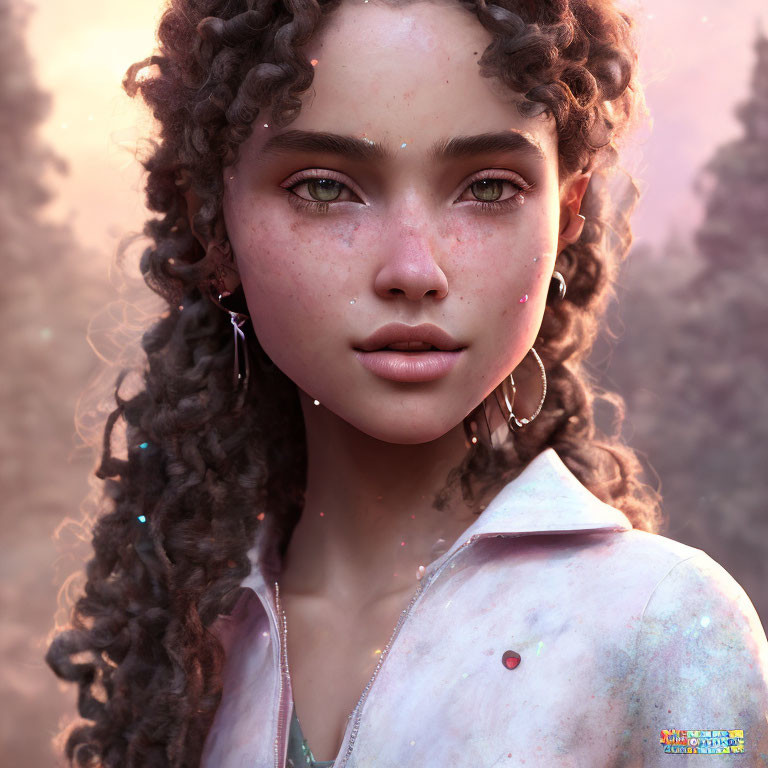 Portrait of young woman with freckles, curly hair, green eyes, hoop earrings, and pink